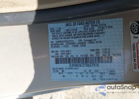 2007 Lincoln Mkz from USA, damaged, VIN 3LNHM26T27R627910